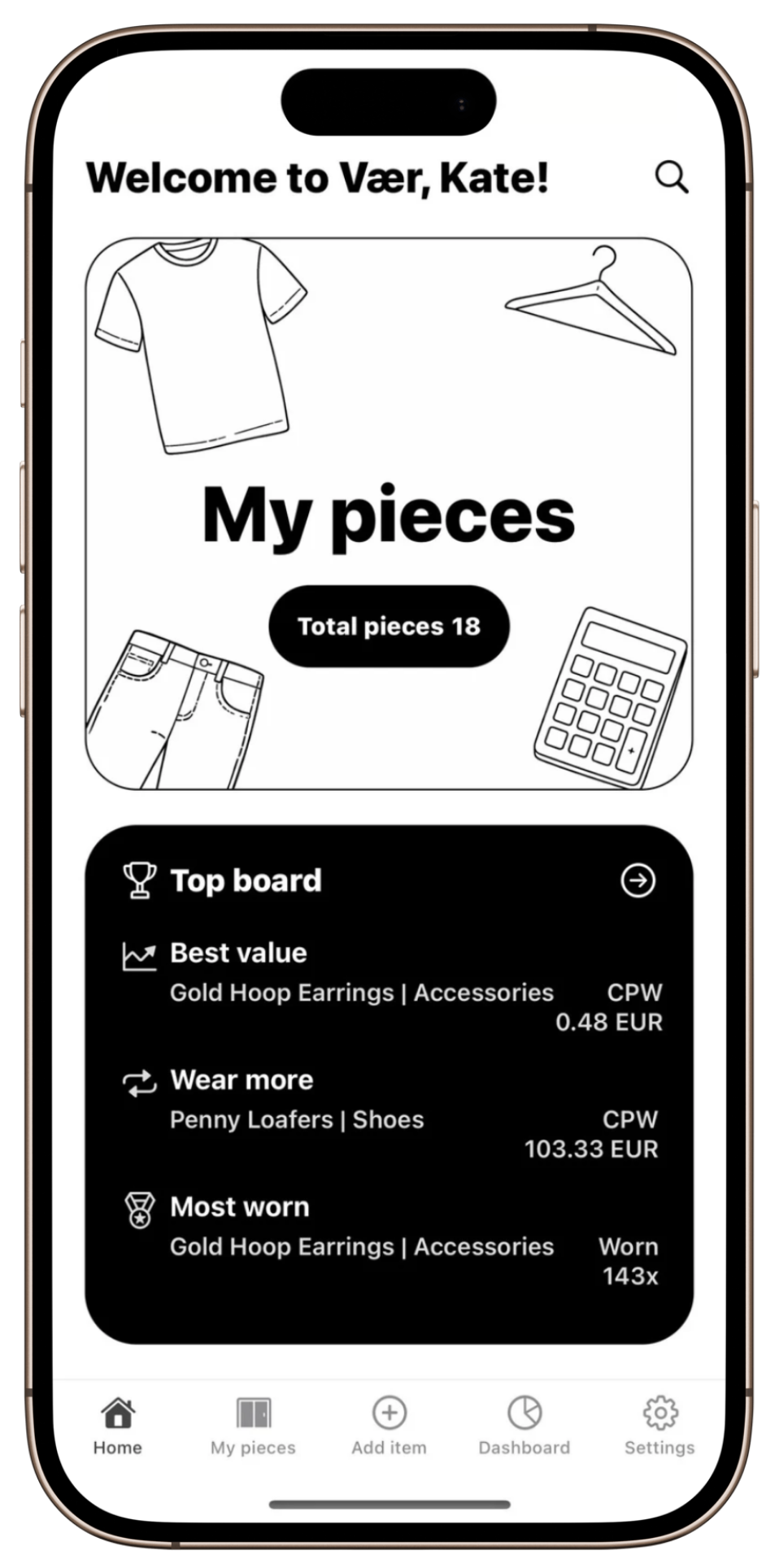 Vær cost-per-wear tracker app screenshot.